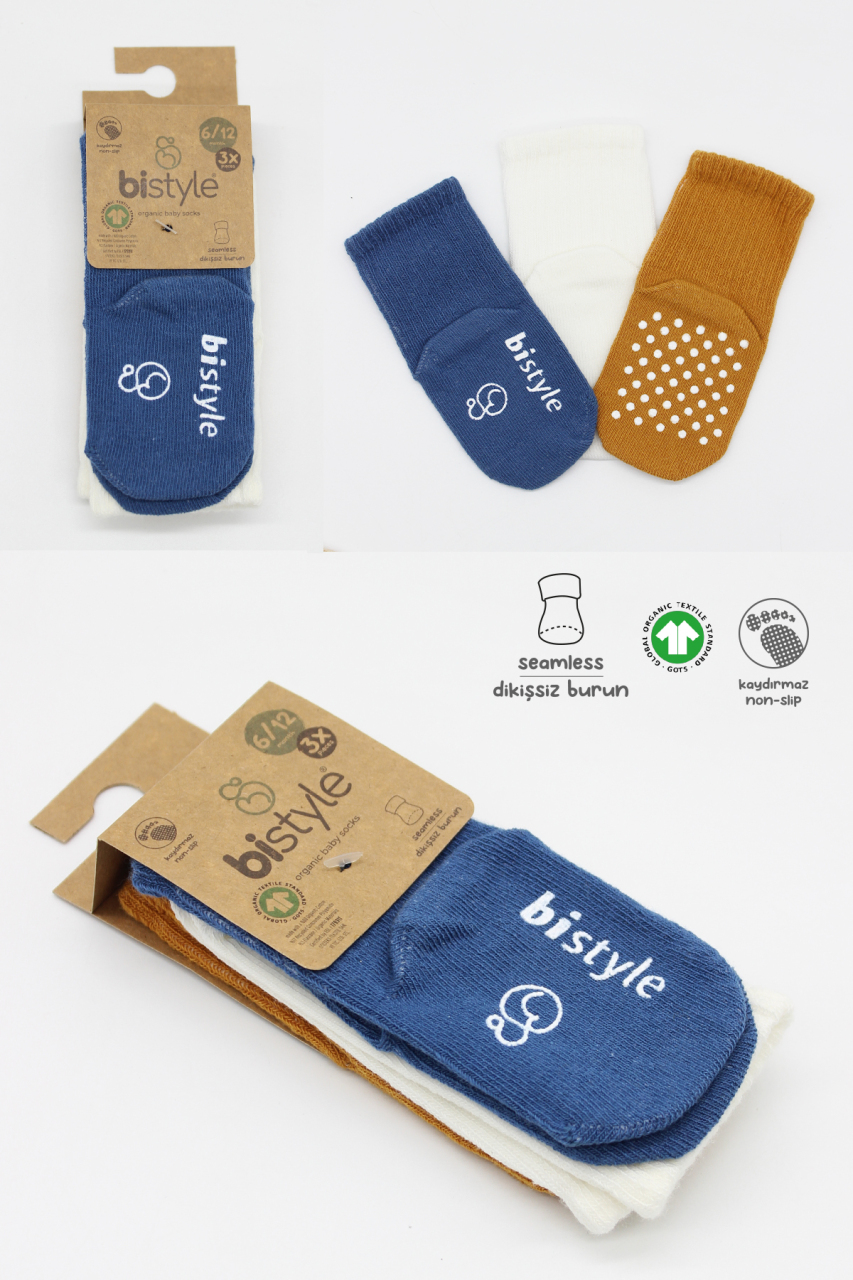 Bistyle Basic Kaymaz Penye Soket Çorap 3'Lü BS10106 İndigo Ekru Hardal - 7