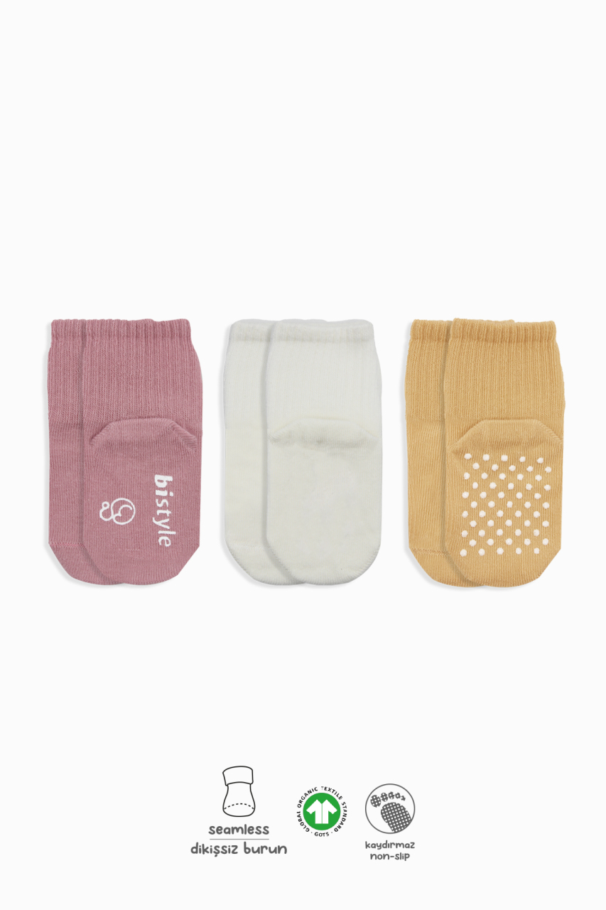 Bistyle Basic Kaymaz Penye Soket Çorap 3'Lü BS10106 Pudra Ekru Somon - 1