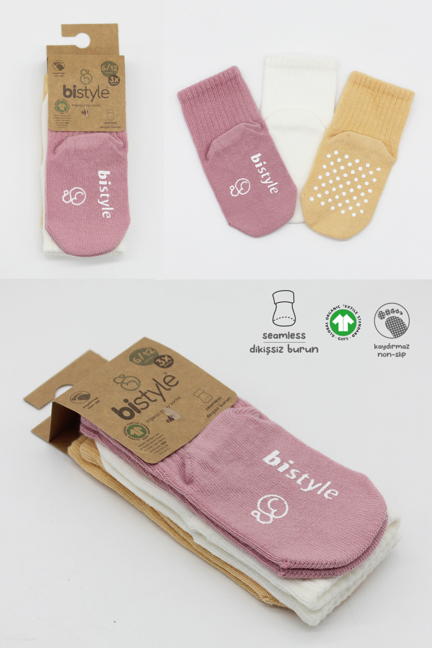 Bistyle Basic Kaymaz Penye Soket Çorap 3'Lü BS10106 Pudra Ekru Somon - 7