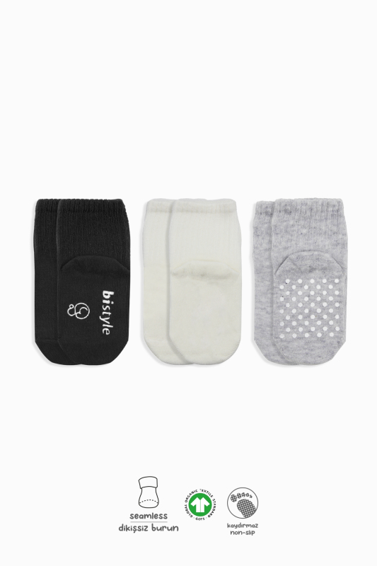 Bistyle Basic Kaymaz Penye Soket Çorap 3'Lü BS10106 Siyah Ekru Gri - 1