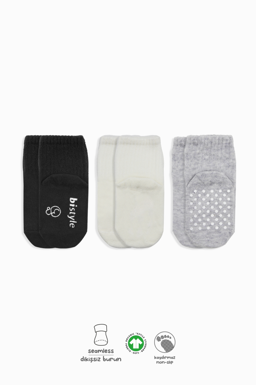 Bistyle Basic Kaymaz Penye Soket Çorap 3'Lü BS10106 Siyah Ekru Gri - 1