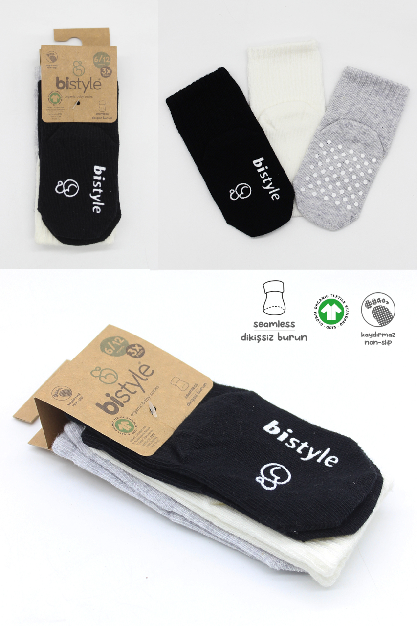 Bistyle Basic Kaymaz Penye Soket Çorap 3'Lü BS10106 Siyah Ekru Gri - 7