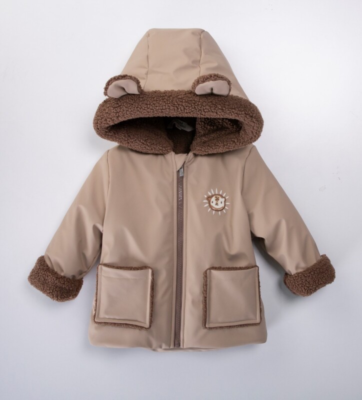 fleece-lined, water- and wind-resistant, hooded, leather puffer jacket for boys aged 2-6 51407 - MİDİMOD