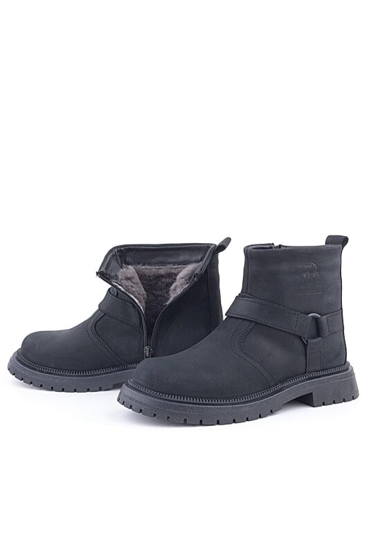 Genuine Leather Black Nubuck Zippered Kids' Boots with Real Fur Lining - 6