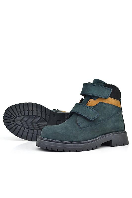 Rakerplus Hakiki Deri Koyu Yeşil Taba Cırt Cırtlı Kışlık Çocuk Bot - 6