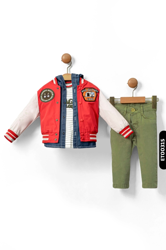 Hooded Bomber Collar Appliqued Embroidered Boy's Trousers Suit 6-36 Months 1410 - 1