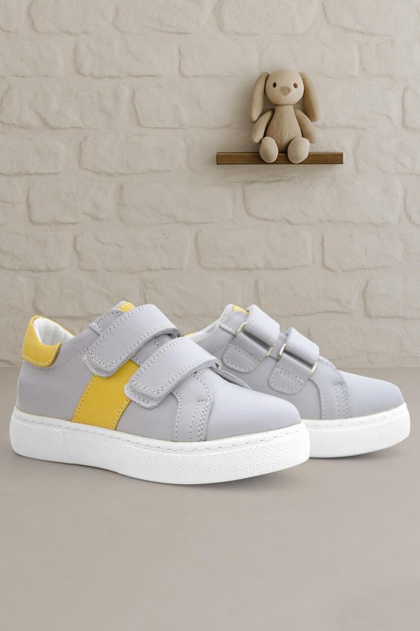 Genuine Leather Grey Yellow Velcro Kids' Athletic Shoes - 1