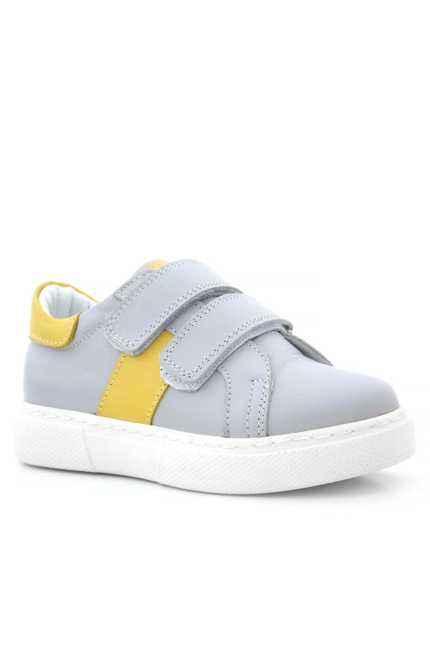 Genuine Leather Grey Yellow Velcro Kids' Athletic Shoes - 2