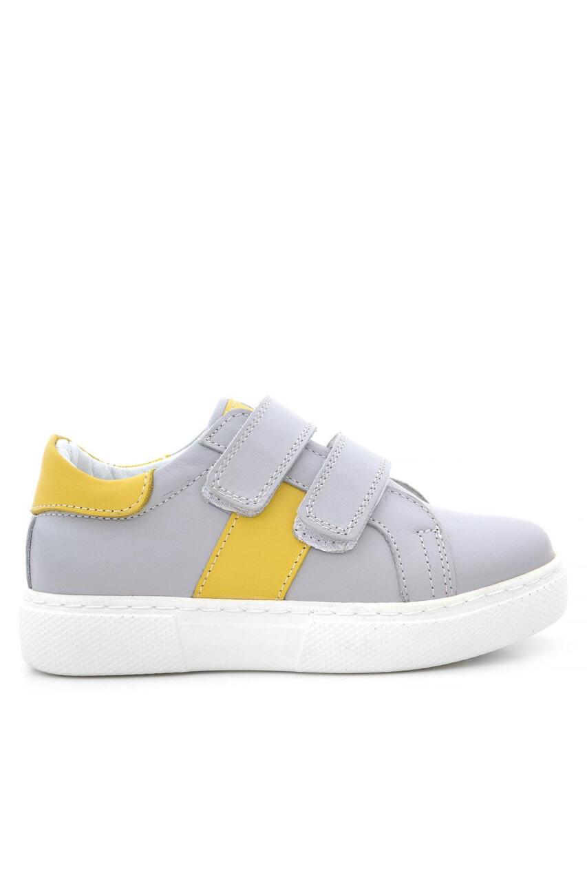 Genuine Leather Grey Yellow Velcro Kids' Athletic Shoes - 3