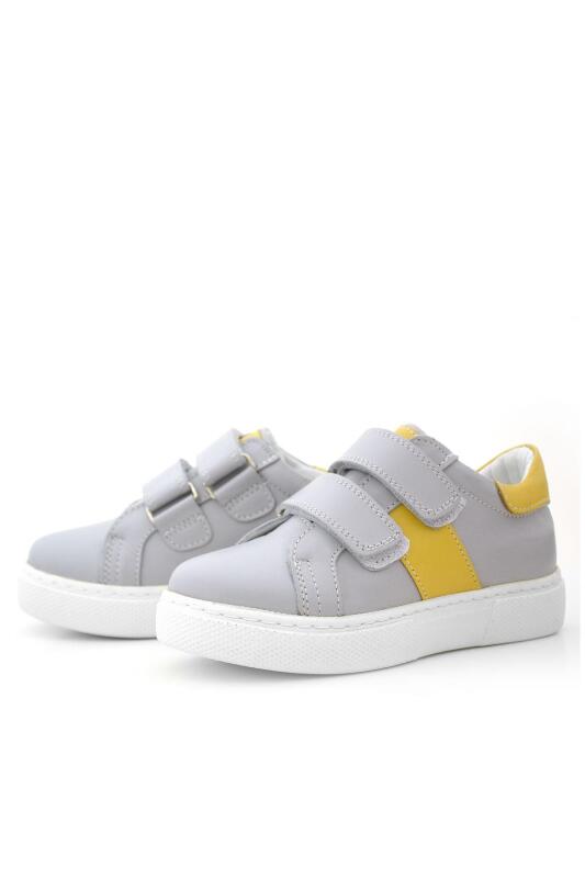 Genuine Leather Grey Yellow Velcro Kids' Athletic Shoes - 6