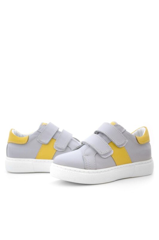 Genuine Leather Grey Yellow Velcro Kids' Athletic Shoes - 8