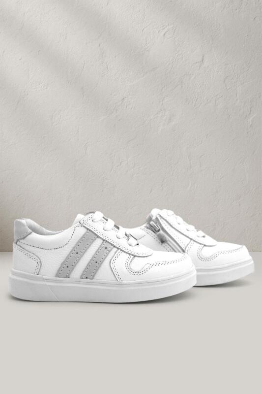 Rakerplus Hakiki Deri Beyaz Bağcıklı Fermuarlı Çocuk Sneaker Ayakkabı - Rakerplus