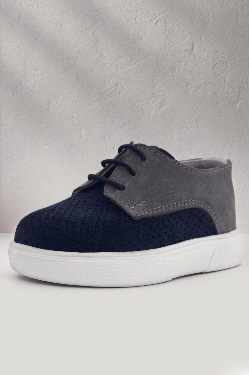 Rakerplus Genuine Leather Navy Blue Grey Elasticated Boys' Casual Shoes - 1