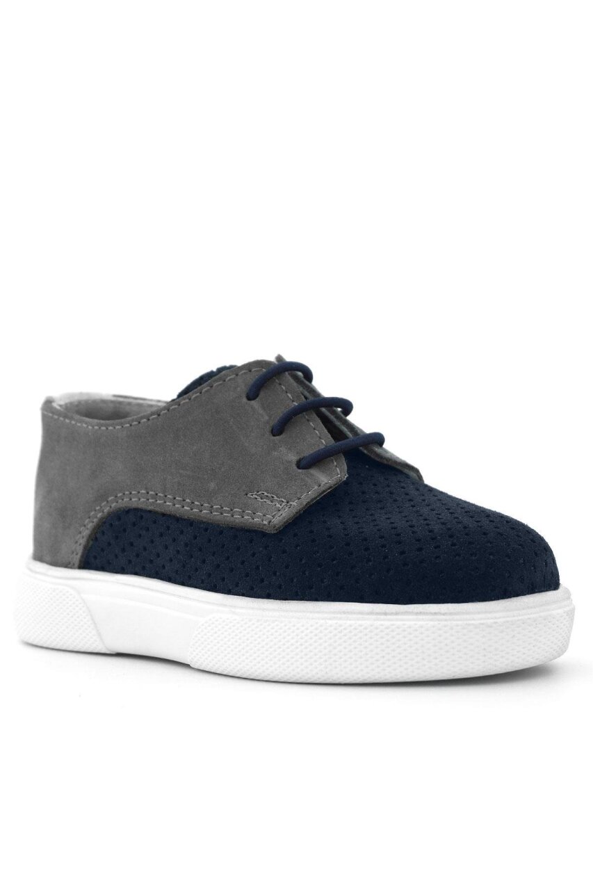 Rakerplus Genuine Leather Navy Blue Grey Elasticated Boys' Casual Shoes - 2