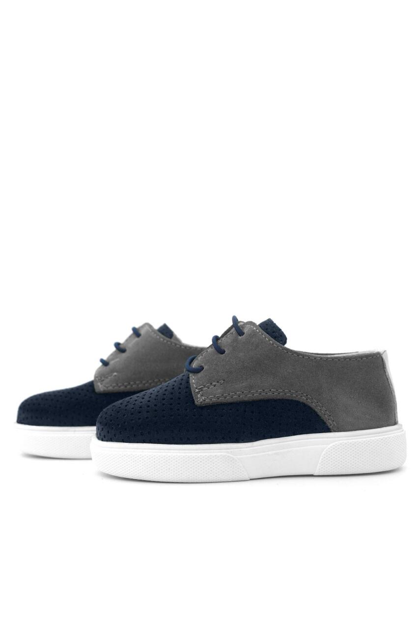 Rakerplus Genuine Leather Navy Blue Grey Elasticated Boys' Casual Shoes - 4