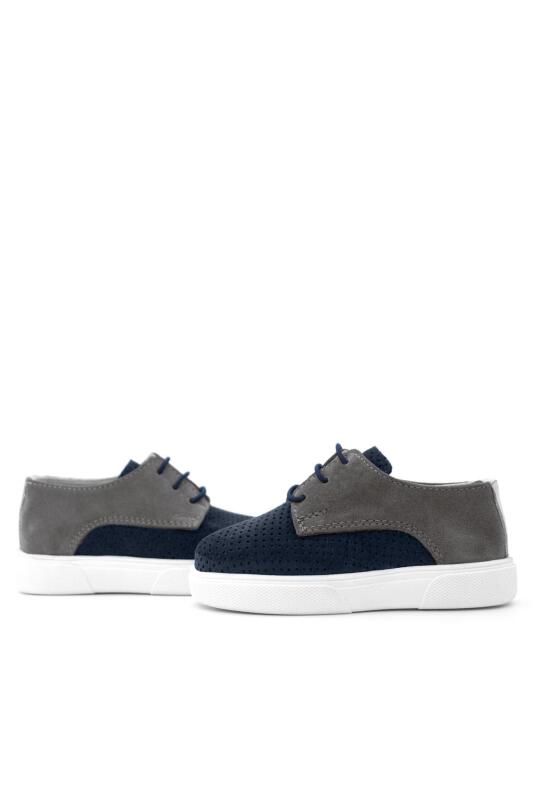Rakerplus Genuine Leather Navy Blue Grey Elasticated Boys' Casual Shoes - 5