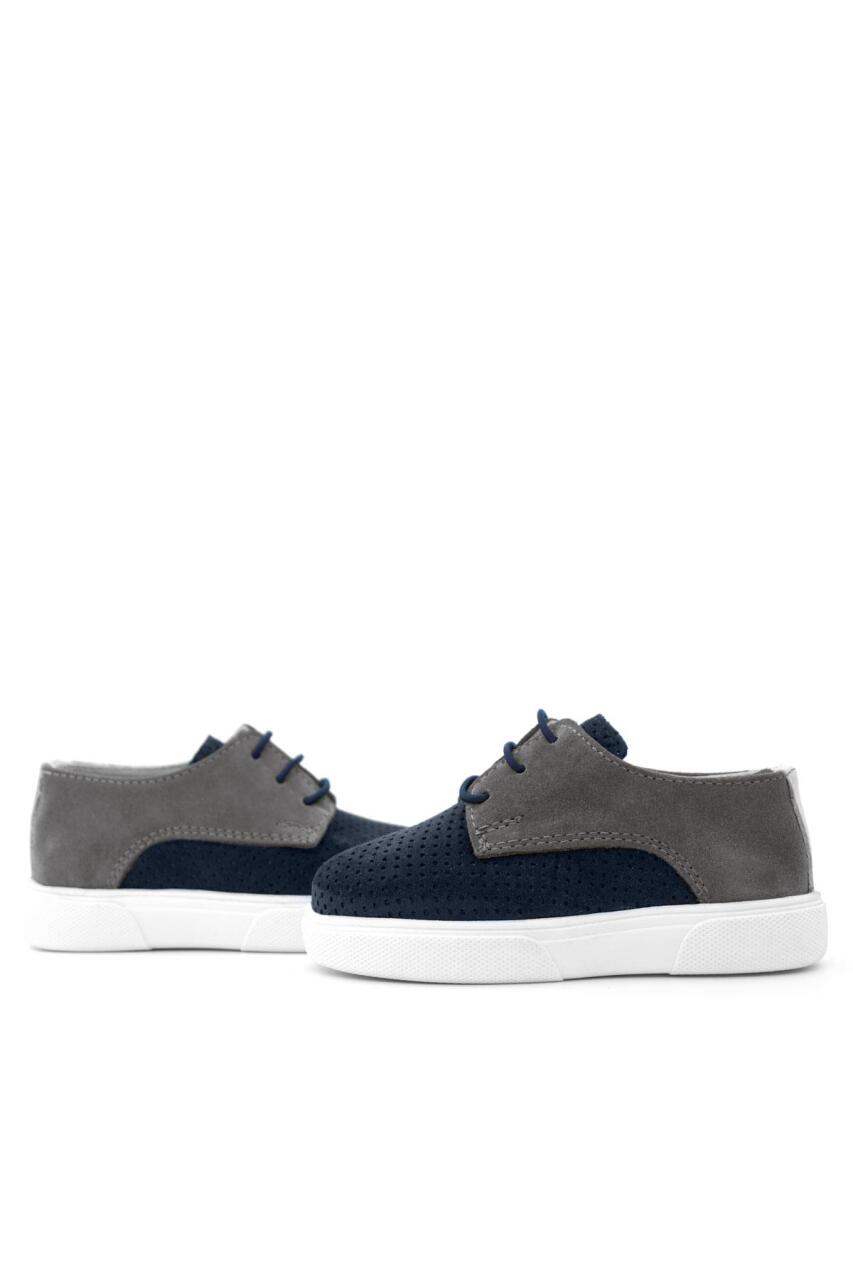 Rakerplus Genuine Leather Navy Blue Grey Elasticated Boys' Casual Shoes - 5