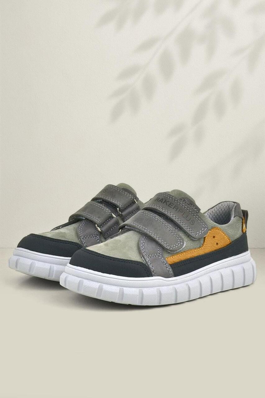 Rakerplus Genuine Leather Grey Velcro Kids' Casual Sports School Shoes - 1