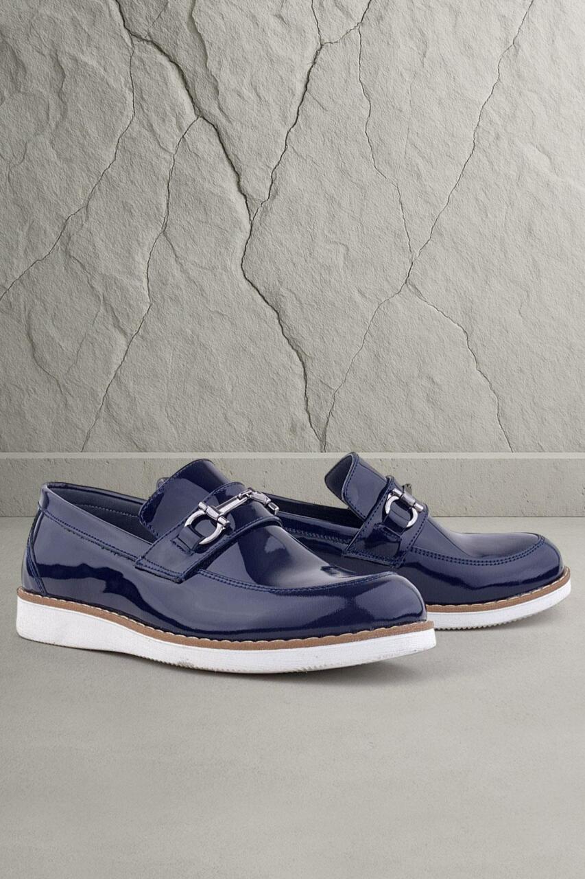 Rakerplus Genuine Leather Navy Blue Patent Leather Loafer Kids Classic Shoes - 1