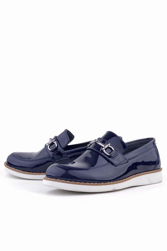 Rakerplus Genuine Leather Navy Blue Patent Leather Loafer Kids Classic Shoes - 4