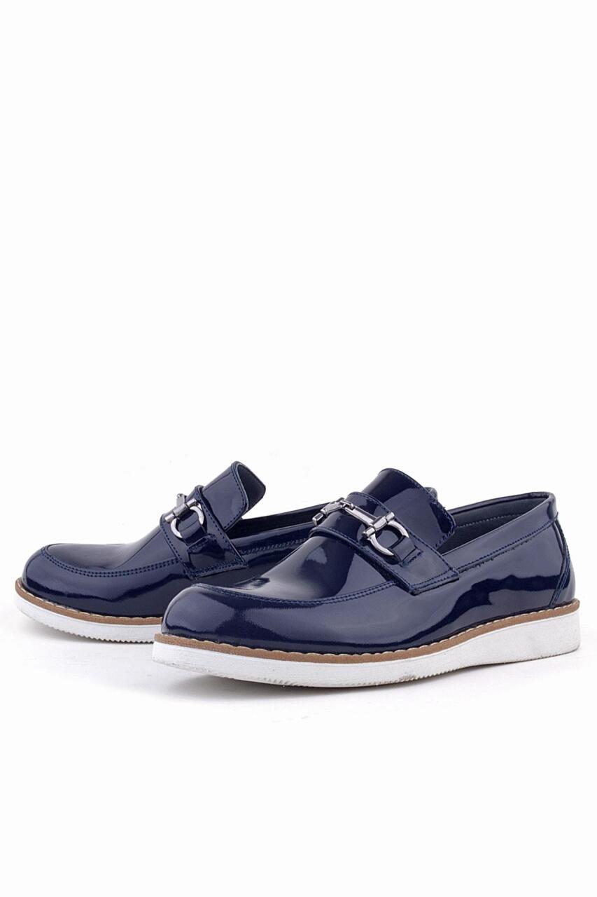 Rakerplus Genuine Leather Navy Blue Patent Leather Loafer Kids Classic Shoes - 4