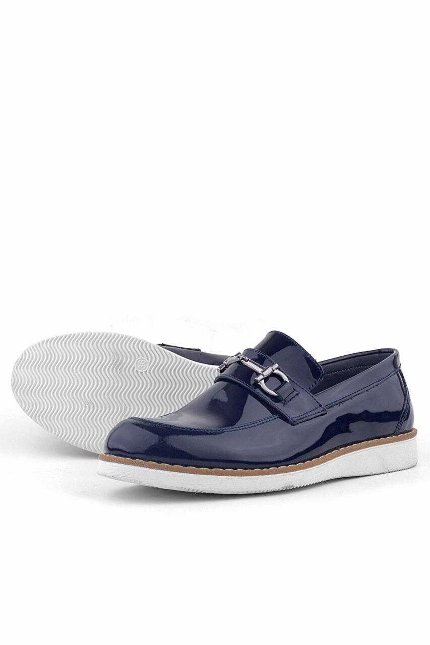 Rakerplus Genuine Leather Navy Blue Patent Leather Loafer Kids Classic Shoes - 5