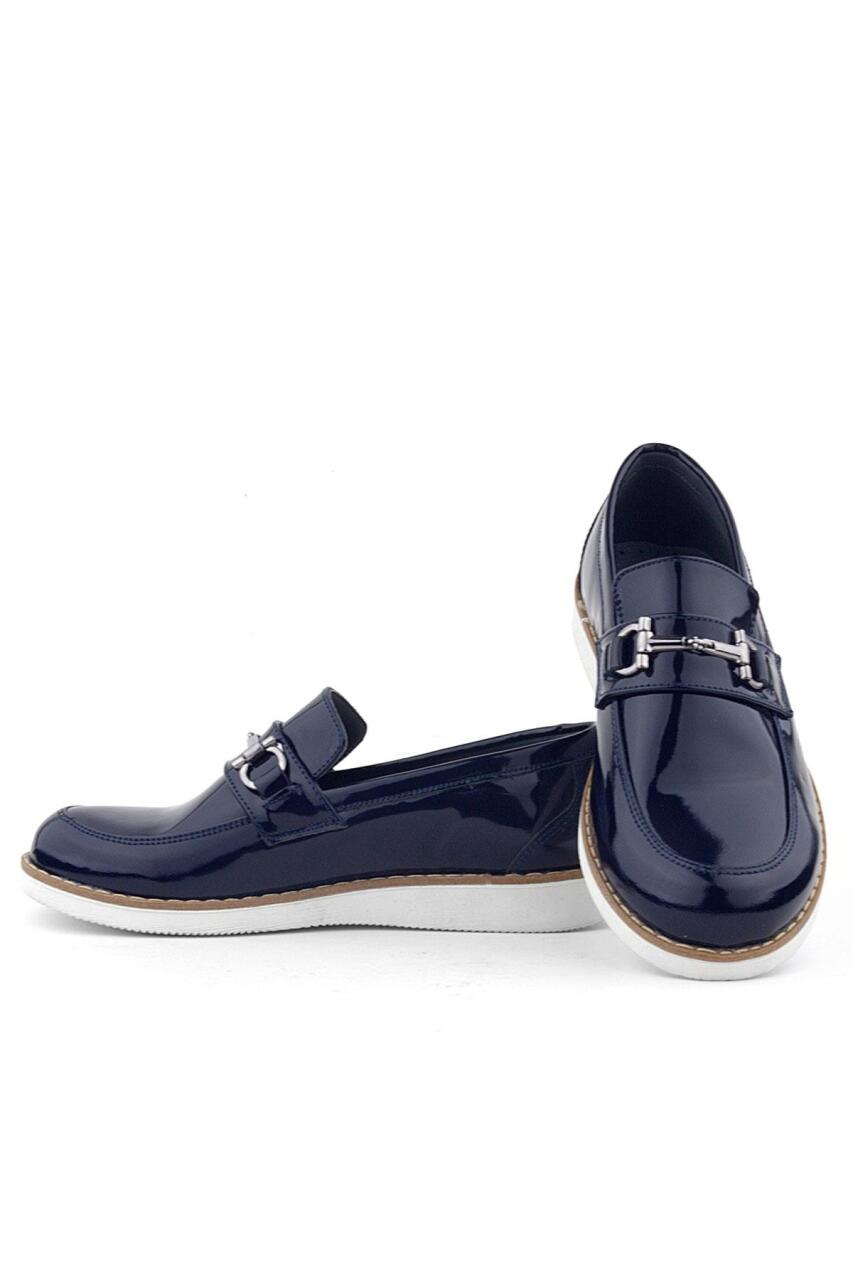 Rakerplus Genuine Leather Navy Blue Patent Leather Loafer Kids Classic Shoes - 6