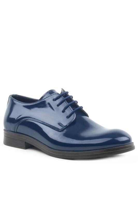 Rakerplus Navy Blue Patent Leather Lace-up Oxford Kids School Shoes - 2