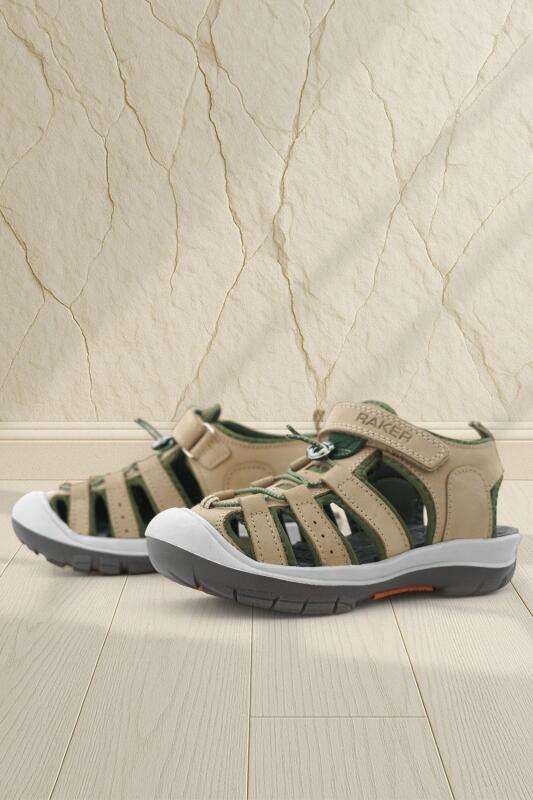 Rakerplus Hakiki Deri Kum Rengi Haki Yeşil Çocuk Sandalet - Rakerplus