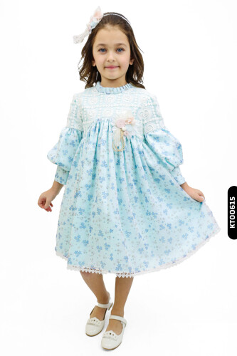 Büzgü Kollu Dik Yakalı Fırfırlı Aplikeli Çiçekli Kız Çocuk Elbise 3-7 Yaş 884 - 1