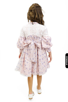 Büzgü Kollu Dik Yakalı Fırfırlı Aplikeli Çiçekli Kız Çocuk Elbise 3-7 Yaş 884 - 2