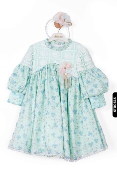 Büzgü Kollu Dik Yakalı Fırfırlı Aplikeli Çiçekli Kız Çocuk Elbise 3-7 Yaş 884 