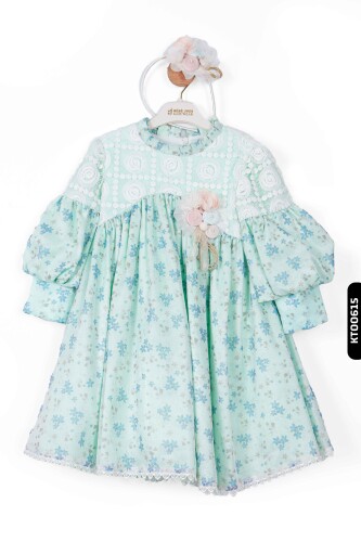 Büzgü Kollu Dik Yakalı Fırfırlı Aplikeli Çiçekli Kız Çocuk Elbise 3-7 Yaş 884 - 1