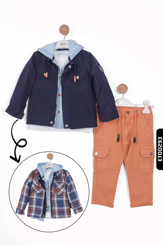 Çift Taraflı Kapüşonlu Cepli Ceketli Gömlekli Erkek Çocuk Pantolon Takım 2-5 Yaş 12059 - 1