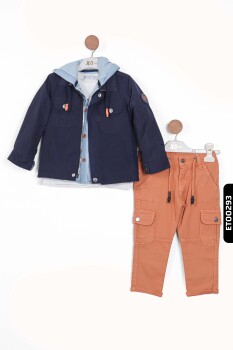 Çift Taraflı Kapüşonlu Cepli Ceketli Gömlekli Erkek Çocuk Pantolon Takım 2-5 Yaş 12059 - 2