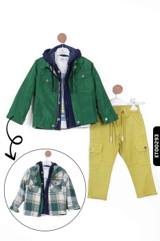 Çift Taraflı Kapüşonlu Cepli Ceketli Gömlekli Erkek Çocuk Pantolon Takım 2-5 Yaş 12059 
