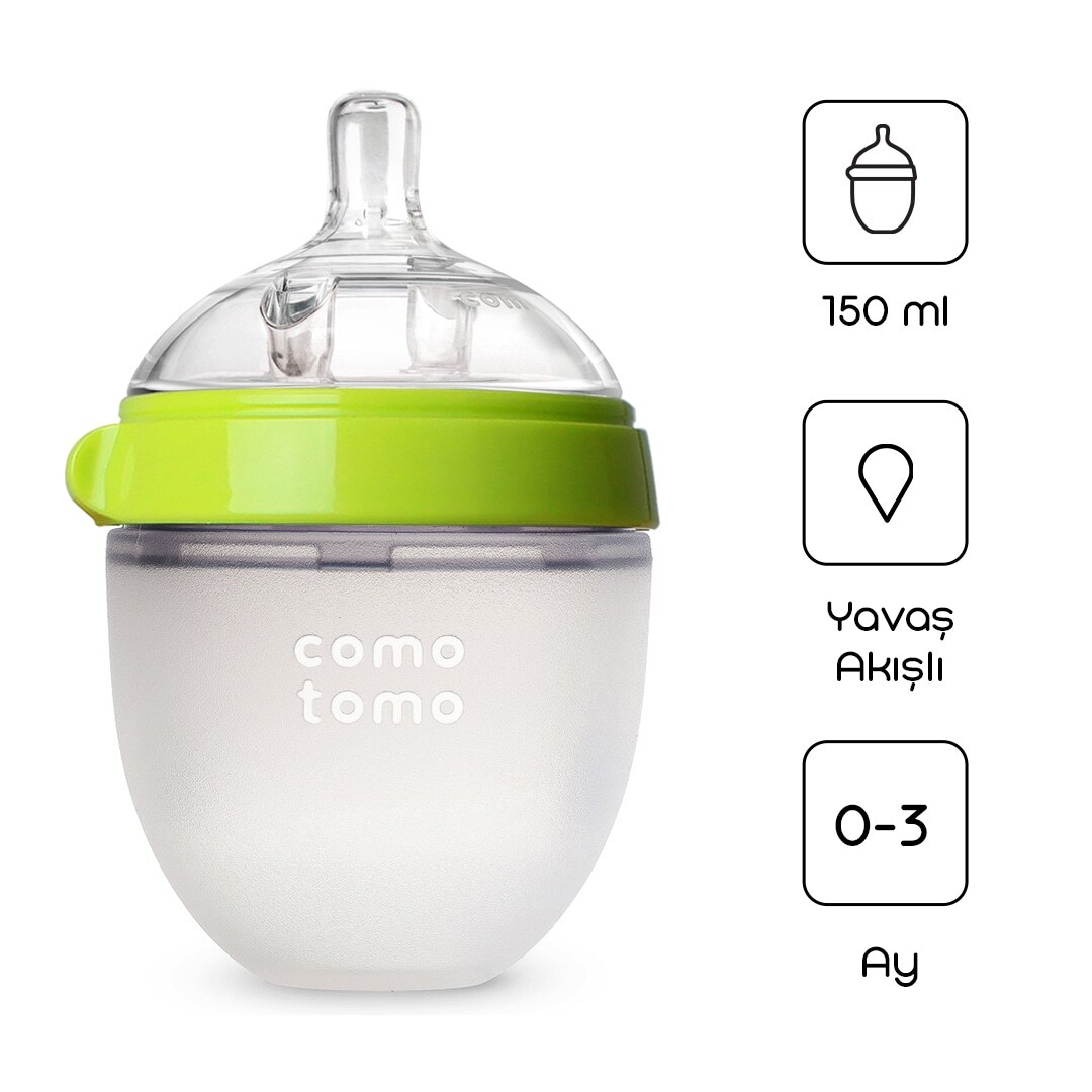 زجاجة كوموتومو سيليكون مضادة للمغص للأطفال 150 مل 0-3 أشهر، خضراء - 1