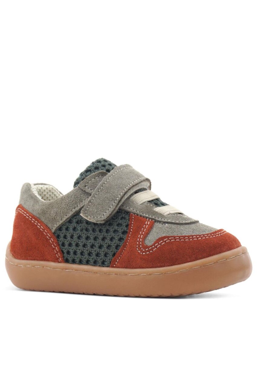 Rakerplus Bob Hakiki Deri Gri Yeşil Barefoot Cırtlı Lastikli Bebek Sneaker Ayakkabı - 2