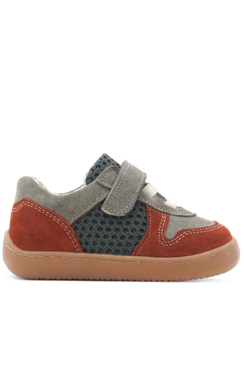 Rakerplus Bob Hakiki Deri Gri Yeşil Barefoot Cırtlı Lastikli Bebek Sneaker Ayakkabı - 3