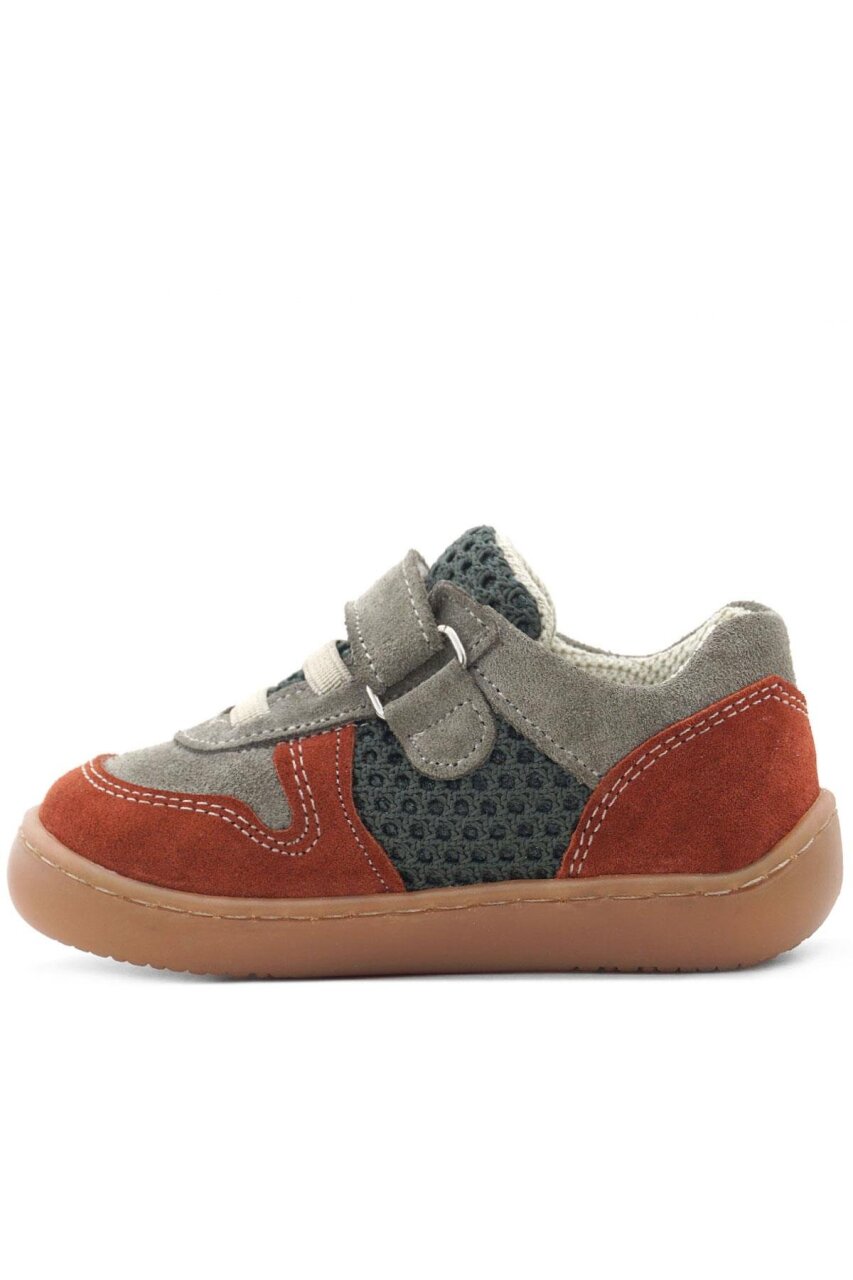 Rakerplus Bob Hakiki Deri Gri Yeşil Barefoot Cırtlı Lastikli Bebek Sneaker Ayakkabı - 5
