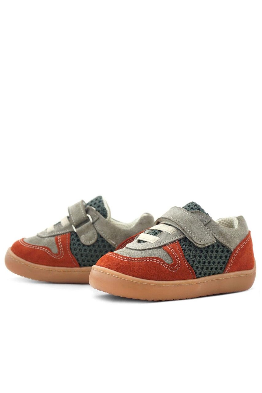Rakerplus Bob Hakiki Deri Gri Yeşil Barefoot Cırtlı Lastikli Bebek Sneaker Ayakkabı - 6