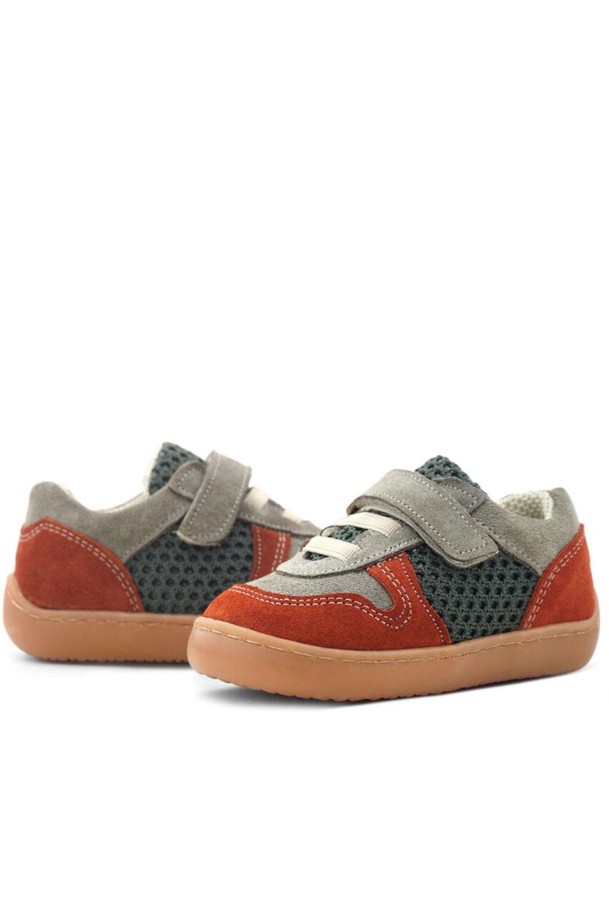 Rakerplus Bob Hakiki Deri Gri Yeşil Barefoot Cırtlı Lastikli Bebek Sneaker Ayakkabı - 8