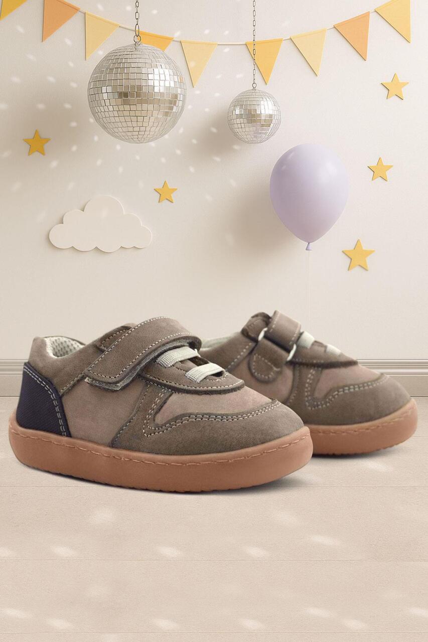 Rakerplus Bob Hakiki Deri Kum Krem Barefoot Cırtlı Lastikli Bebek Sneaker Ayakkabı - 1