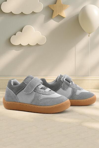 Rakerplus Bob Hakiki Deri Gri Barefoot Cırtlı Lastikli Bebek Sneaker Ayakkabı - 1
