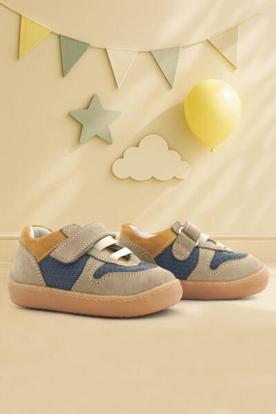Rakerplus Bob Hakiki Deri Kum Rengi Barefoot Cırtlı Lastikli Bebek Sneaker Ayakkabı - 1