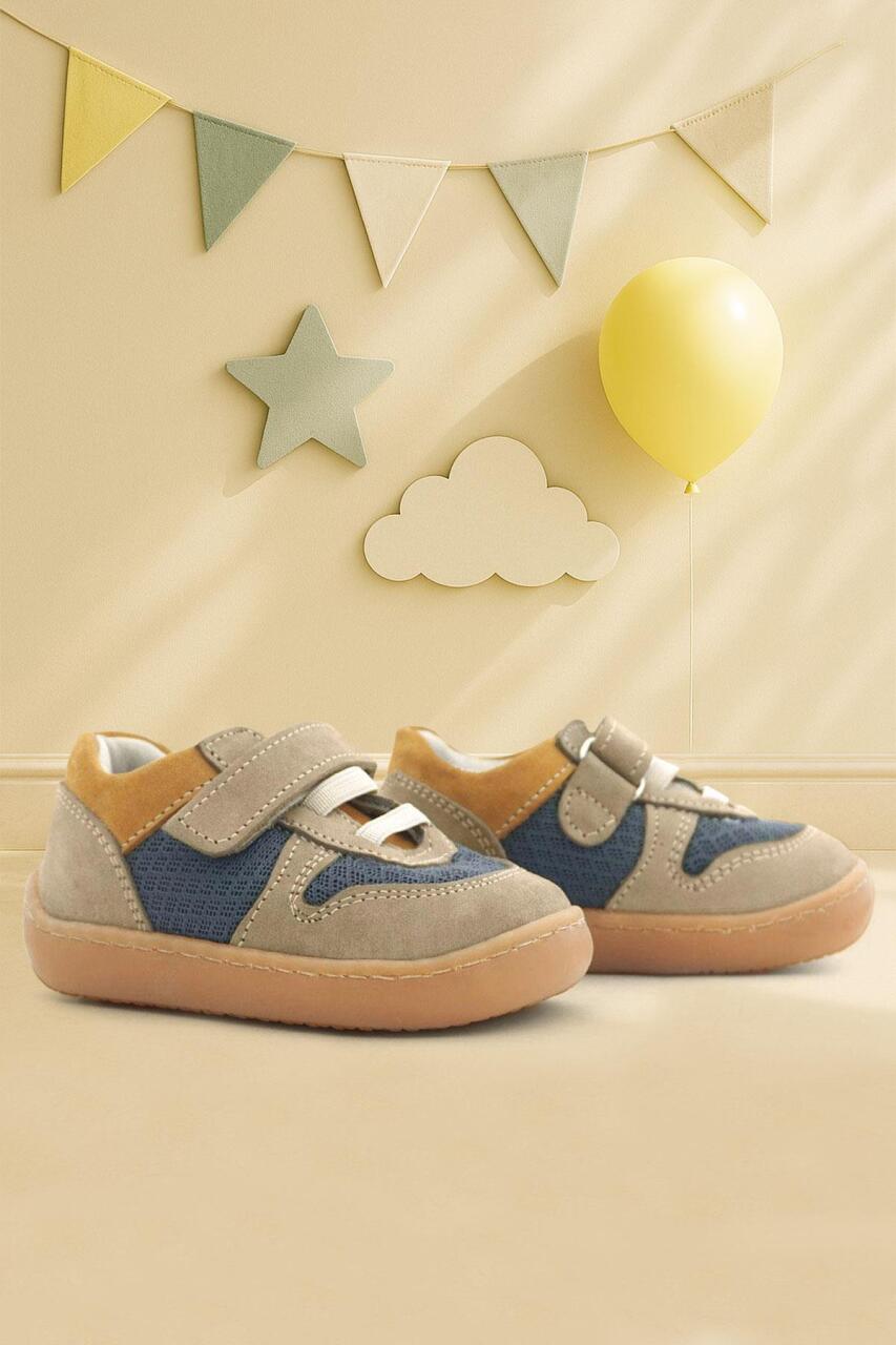 Rakerplus Bob Hakiki Deri Kum Rengi Barefoot Cırtlı Lastikli Bebek Sneaker Ayakkabı - 1