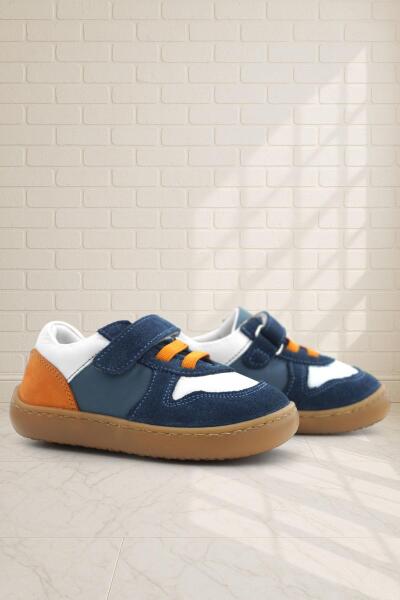 Rakerplus Bob Hakiki Deri Lacivert Beyaz Barefoot Cırtlı Lastikli Bebek Sneaker Ayakkabı - 1