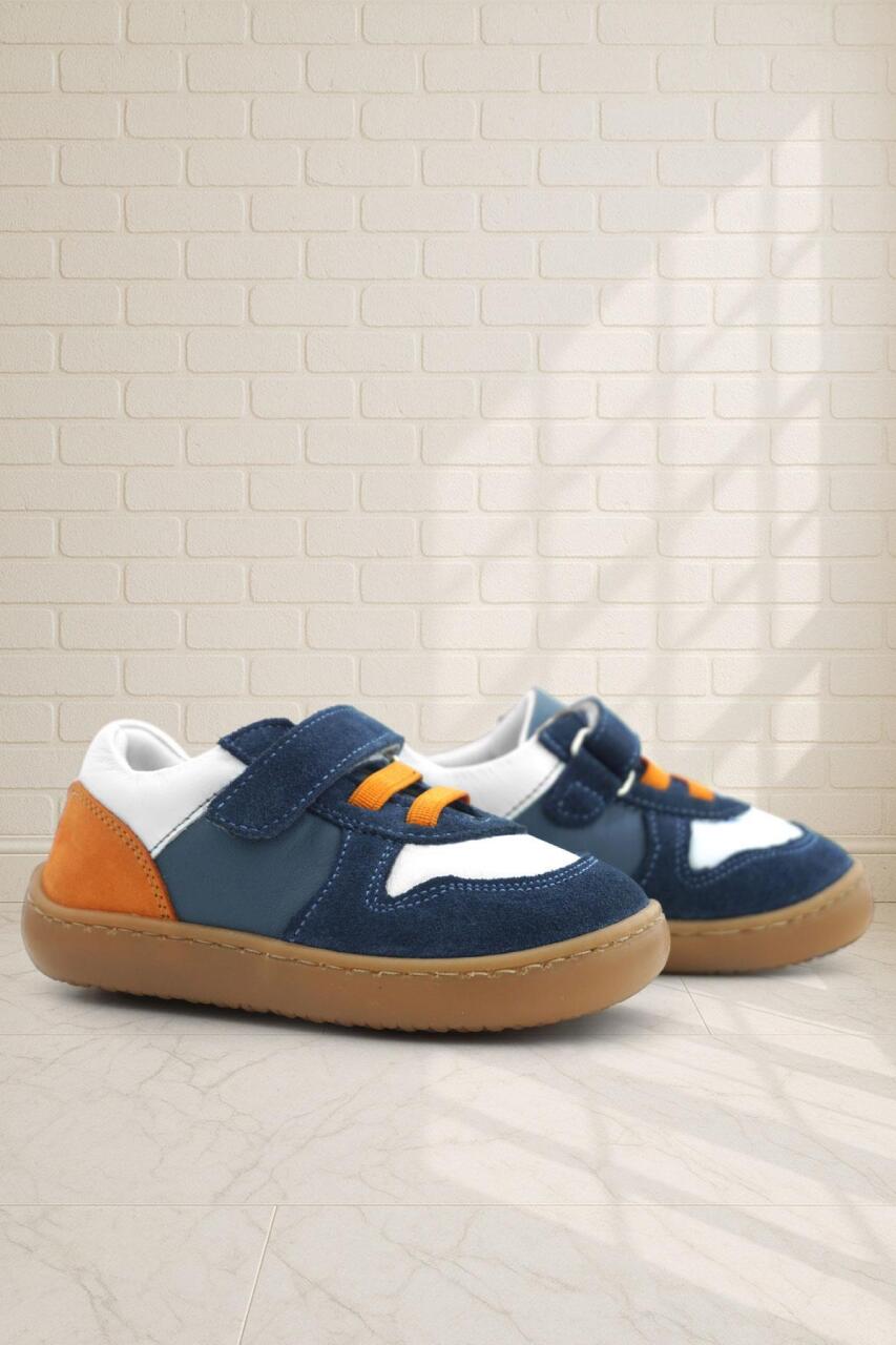 Rakerplus Bob Hakiki Deri Lacivert Beyaz Barefoot Cırtlı Lastikli Bebek Sneaker Ayakkabı - 1