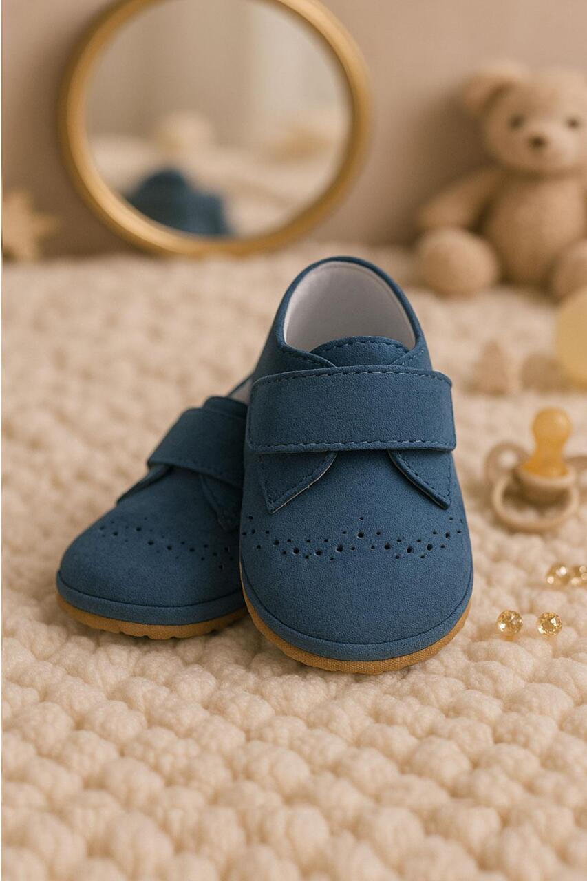 Hakiki Deri Lacivert Süet Cırtlı Bebek Patik Ayakkabı - 1
