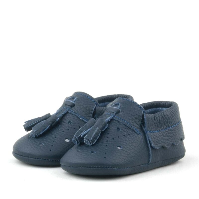 Peppa Hakiki Deri Lacivert Püsküllü Lastikli Bebek Patik - 4